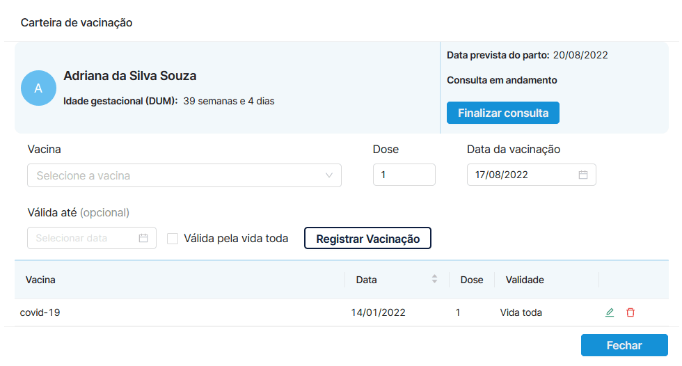 Prontuário de vacinação de pacientes